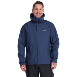 Kurtka przeciwdeszczowa męska Rab Downpour Eco Jacket z kapturem. Niebieskie kurtki męskie RAB, m, bez wzorów, sportowe, bez ramiączek, z kapturem. Za 499.99 zł.