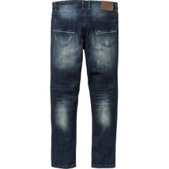 Dżinsy ze stretchem Slim Fit Straight bonprix ciemnoniebieski "used". Niebieskie długie spodnie sportowe męskie bonprix, z jeansu, sportowe. Za 99.99 zł.
