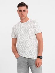 Męska koszulka dzianinowa z nadrukiem full print – biała V3 - Rozmiar: XL. Białe t-shirty męskie Ombre Clothing, m, bez wzorów, z bawełny, bez kołnierzyka, bez ramiączek. W wyprzedaży za 82.49 zł.