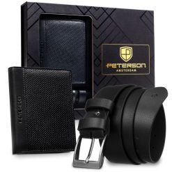 Zestaw prezentowy: skórzany, pionowy portfel męski w czarnym kolorze bez zapięcia i czarny pasek ze skóry ekologicznej - Peterson. Czarne portfele męskie Peterson, bez wzorów, ze skóry ekologicznej. Za 109.00 zł.