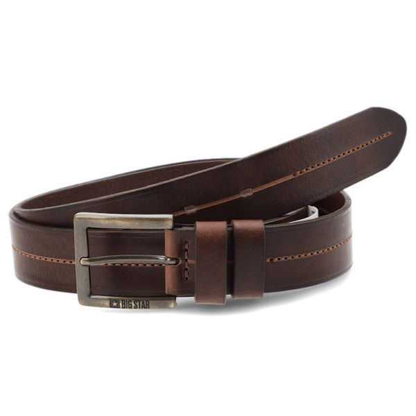Pasek męski Big Star, skórzany z klamrą i przeszyciem na środku, brązowy, JJ675040. Brązowe paski męskie Big Star, bez wzorów, z jeansu, biznesowe. Za 159.00 zł.