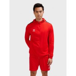 Poliestrowa bluza dresowa z kapturem i zamkiem błyskawicznym Hummel Authentic. Czerwone bluzy z kapturem męskie HUMMEL, bez wzorów, z dresówki, z kapturem. Za 254.50 zł.