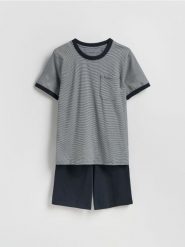 Dwuczęściowa piżama w paski - granatowy. Niebieskie piżamy męskie Reserved, l, bez wzorów, z bawełny, bez kołnierzyka, bez ramiączek. Za 89.99 zł.