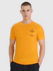 4F T-shirt regular z nadrukiem męski - pomarańczowy S. Brązowe t-shirty męskie 4f, m, bez wzorów, z bawełny, bez kołnierzyka, bez ramiączek. W wyprzedaży za 49.99 zł.