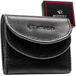 Mały, skórzany portfel męski w czarnym kolorze zamykany zatrzaskiem - Rovicky. Czarne portfele męskie ROVICKY, bez wzorów, ze skóry. Za 34.99 zł.