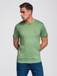 Męski bawełniany t-shirt z nadrukiem i okrągłym dekoltem – zielony V4 - Rozmiar: L. Zielone t-shirty męskie Ombre Clothing, l, bez wzorów, z bawełny, bez kołnierzyka, bez ramiączek. W wyprzedaży za 34.99 zł.