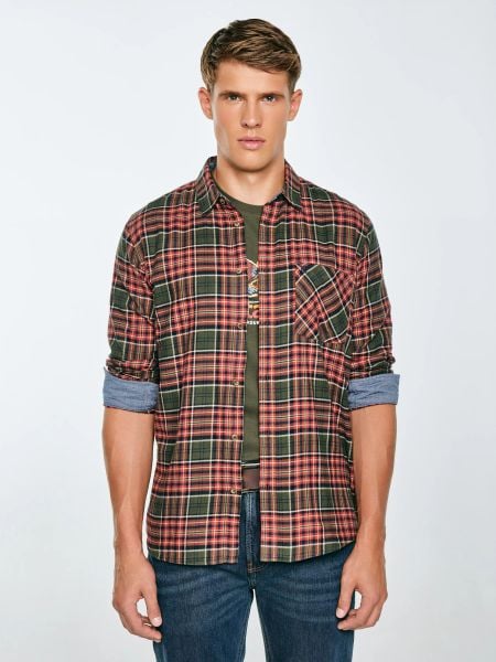 Koszula męska flanelowa w kratę bordowo-khaki Koner 303. Zielone koszule męskie Big Star, l, bez wzorów, z materiału, bez kołnierzyka, bez ramiączek. W wyprzedaży za 199.99 zł.