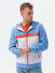 Kurtka męska wiatrówka z kapturem - niebieska V2. Niebieskie kurtki męskie Ombre Clothing, m, bez wzorów, bez ramiączek, z kapturem. W wyprzedaży za 49.99 zł.