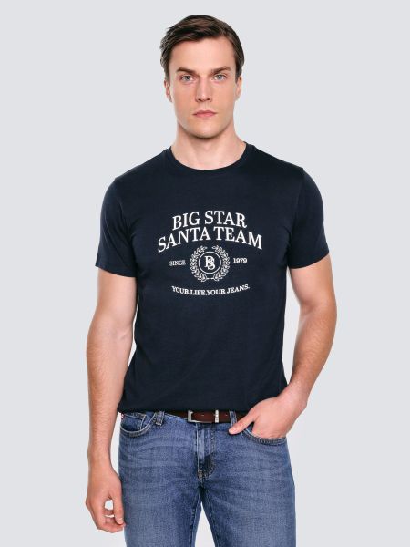 Koszulka męska z nadrukiem granatowa Marr 403. Niebieskie t-shirty męskie Big Star, l, bez wzorów, z bawełny, bez kołnierzyka, bez ramiączek. Za 99.99 zł.