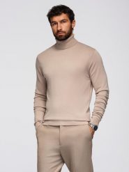 Jednokolorowy dzianinowy męski golf z wiskozą – beżowy V5 - Rozmiar: XL. Brązowe swetry męskie Ombre Clothing, z aplikacjami, z dzianiny, casualowe, bez kołnierzyka, bez ramiączek. W wyprzedaży za 99.99 zł.
