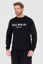 BALMAIN Czarna bluza męska z dużym białym logo. Czarne bluzy nierozpinane męskie Balmain, l, bez wzorów, bez ramiączek, bez kaptura. W wyprzedaży za 2,199.99 zł.