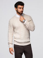 Elegancki sweter męski z ciekawym splotem – ecru V1 - Rozmiar: XL. Swetry męskie Ombre Clothing, bez wzorów, z bawełny, eleganckie, bez kołnierzyka, bez ramiączek. W wyprzedaży za 136.49 zł.