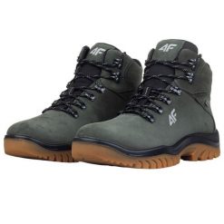 Męskie Skórzane Buty Turystyczne OBMH257. Zielone buty trekkingowe męskie 4f, bez wzorów, bez zapięcia, trekkingowe. Za 595.99 zł.