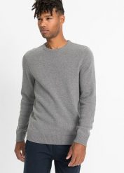 Cienki sweter z bawełny z recyklingu. Szare swetry męskie bonprix, z aplikacjami, z bawełny, bez kołnierzyka, bez ramiączek. Za 97.99 zł.