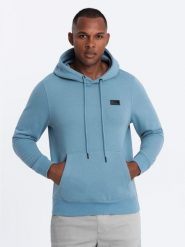 Męska dresowa bluza kangurka z kapturem i metalowym pinem – błękitna V4 - Rozmiar: L. Niebieskie bluzy nierozpinane męskie Ombre Clothing, l, bez wzorów, z bawełny, z kapturem. W wyprzedaży za 89.99 zł.