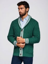 Męski sweter kardigan z szalowym kołnierzem w stylu preppy - zielony V2 - Rozmiar: XL. Zielone kardigany męskie Ombre Clothing, m, bez wzorów, z bawełny, bez ramiączek. W wyprzedaży za 149.49 zł.