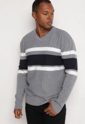 Jasnoszary Sweter z Wełną Ozdobiony Paskami Zanettie. Szare swetry męskie Born2be, bez wzorów, z wełny, eleganckie, bez kołnierzyka, bez ramiączek. Za 44.99 zł.