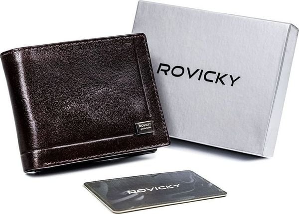 Rovicky Portfel męski poziomy ze skóry naturalnej z ochroną RFID PROTECT Rovicky. Brązowe portfele męskie ROVICKY, bez wzorów, ze skóry. Za 132.56 zł.