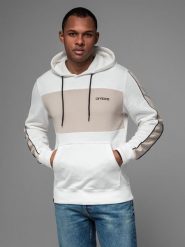 Męska bawełniana bluza z kapturem z kontrastującymi elementami - biała V1 OM-SSNZ-0225 XL. Białe bluzy nierozpinane męskie Ombre, m, bez wzorów, z bawełny, bez ramiączek, z kapturem. Za 347.95 zł.