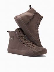 Wysokie męskie buty trampki z ozdobnym noskiem – brązowy V4 - Rozmiar: 45. Brązowe trampki męskie Ombre Clothing, z aplikacjami, z gumy, przed kolano, bez zapięcia. W wyprzedaży za 109.99 zł.