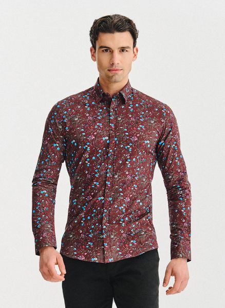 PAKO LORENTE – Bordowa koszula w kwiaty. Czerwone koszule męskie Pako Lorente, s, bez wzorów, z bawełny, bez kołnierzyka, bez ramiączek. Za 149.99 zł.