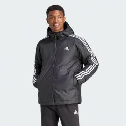 Kurtka Essentials 3-Stripes Insulated Hooded. Czarne kurtki męskie ADIDAS, m, bez wzorów, casualowe, bez ramiączek, bez kaptura. Za 429.00 zł.