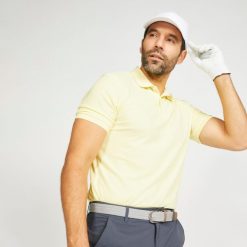 Koszulka polo do golfa z krótkim rękawem męska Inesis WW500. Żółte koszulki polo męskie INESIS, l, bez wzorów, z materiału, sportowe, bez kołnierzyka, bez ramiączek. W wyprzedaży za 69.99 zł.