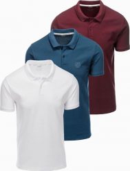 Komplet męskich bawełnianych t-shirtów polo BASIC biały/bordowy/ciemnoniebieski V4 OM-POBS-0133 S. Białe koszulki polo męskie Ombre, m, bez wzorów, z bawełny, bez kołnierzyka, bez ramiączek. Za 376.71 zł.