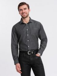 Męska jeansowa koszula z haftowaną kieszonką – czarna V2 - Rozmiar: S. Czarne koszule męskie Ombre Clothing, m, z aplikacjami, z denimu, bez kołnierzyka, bez ramiączek. W wyprzedaży za 157.49 zł.