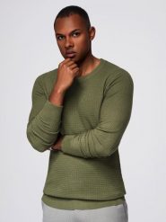Strukturalny sweter męski z okrągłym dekoltem – oliwkowy V1 - Rozmiar: XL. Zielone swetry męskie Ombre Clothing, bez wzorów, z dzianiny, casualowe, bez kołnierzyka, bez ramiączek. W wyprzedaży za 142.49 zł.