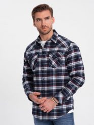 Męska flanelowa koszula w kratę z kieszeniami - granatowo-czerwona V2 - Rozmiar: S. Czerwone koszule męskie Ombre Clothing, m, bez wzorów, z bawełny, bez kołnierzyka, bez ramiączek. W wyprzedaży za 79.99 zł.
