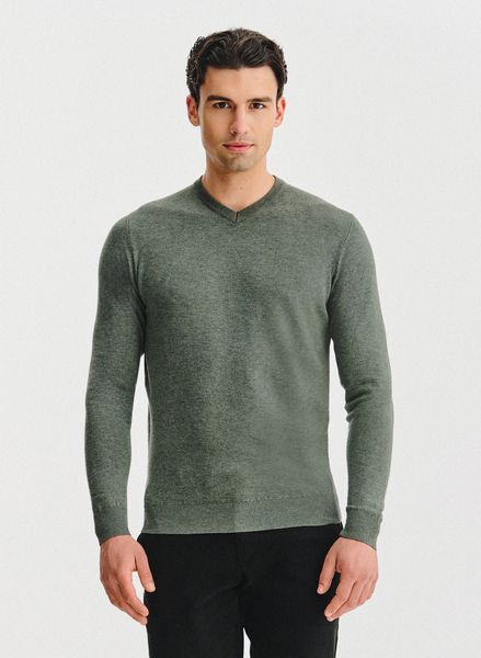PAKO LORENTE – Zielony sweter męski v-neck. Zielone swetry męskie Pako Lorente, bez wzorów, z nylonu, bez kołnierzyka, bez ramiączek. Za 99.99 zł.