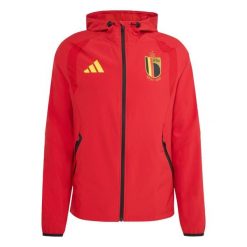 Kurtka wiatrówka Belgium Tiro Tech Full Zip. Czerwone kurtki męskie ADIDAS, bez wzorów, sportowe, bez ramiączek, bez kaptura. Za 399.00 zł.