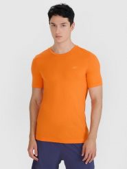 4F Koszulka do biegania szybkoschnąca męska - pomarańczowa S/M. Brązowe t-shirty męskie 4f, m, bez wzorów, z dzianiny, bez kołnierzyka, bez ramiączek. W wyprzedaży za 79.99 zł.