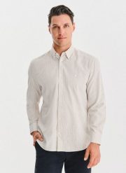 PAKO LORENTE - Beżowa koszula męska w paski. Brązowe koszule męskie Pako Lorente, na jesień, m, bez wzorów, z bawełny, bez kołnierzyka, bez ramiączek. Za 139.99 zł.