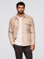 Męska kurtka koszulowa - beżowa V1 - Rozmiar: M. Brązowe kurtki męskie Ombre Clothing, m, bez wzorów, z poliesteru, klasyczne, bez ramiączek, bez kaptura. Za 339.99 zł.