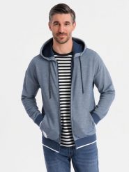 Bluza męska dresowa z kapturem o delikatnej strukturze – granatowa V2. Niebieskie bluzy z kapturem męskie Ombre Clothing, m, bez wzorów, z bawełny, z kapturem. W wyprzedaży za 164.99 zł.
