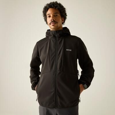 Męska wodoodporna kurtka typu softshell z kapturem Tredmoor. Czarne kurtki męskie Regatta, m, bez wzorów, z materiału, bez ramiączek, z kapturem. Za 299.99 zł.