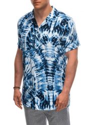 Wiskozowa wzorzysta męska koszula z krótkim rękawem OM-SHPS-0113 - biała/granatowa V12 - XL. Białe koszule męskie Ombre Clothing, l, bez wzorów, z materiału, bez kołnierzyka, bez ramiączek. W wyprzedaży za 69.99 zł.
