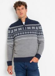 Sweter w norweski wzór ze stójką z zamkiem. Szare swetry męskie bonprix, bez wzorów, bez kołnierzyka, bez ramiączek. Za 109.99 zł.