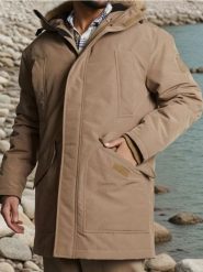 Płaszcz parka z kapturem - beżowy. Brązowe parki męskie Sinsay, l, bez wzorów, z kapturem. Za 179.99 zł.
