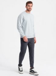 Spodnie męskie joggery dresowe na gumce z przeszyciami – grafitowe V5 - Rozmiar: L. Szare spodnie dresowe męskie Ombre Clothing, z aplikacjami, z dresówki. W wyprzedaży za 59.99 zł.