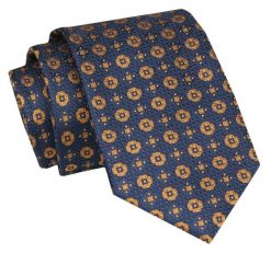 Krawat - ALTIES - Granatowy w Złote Grochy. Niebieskie krawaty i muchy męskie Alties, bez wzorów, z tkaniny, eleganckie. Za 49.00 zł.