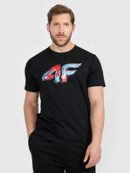 4F T-shirt regular z nadrukiem męski - czarny M. Czarne t-shirty męskie 4f, m, bez wzorów, z bawełny, bez kołnierzyka, bez ramiączek. Za 79.99 zł.