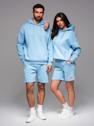 Komplet dresowy UNISEX bluza z kapturem + szorty w stylu athleisure – błękitne V8 - Rozmiar: XL/XXL. Niebieskie bluzy nierozpinane męskie Ombre Clothing, l, z aplikacjami, z bawełny, z kapturem. W wyprzedaży za 232.49 zł.