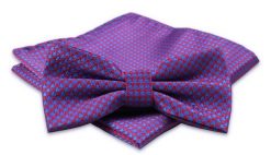 Czerwono-Chabrowa, Fioletowa Mucha Męska -ALTIES- z Taką Samą Poszetką, w Pepitkę. Czerwone krawaty i muchy męskie Alties, bez wzorów, eleganckie. Za 54.00 zł.