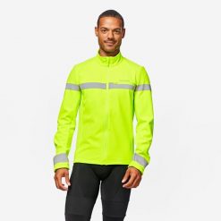 Kurtka zimowa na rower szosowy Van Rysel Discover EN17353. Żółte kurtki treningowe męskie VAN RYSEL, na zimę, xl, bez wzorów, z polaru, bez kaptura, rowerowe. Za 229.99 zł.