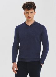 PAKO LORENTE - Granatowy sweter męski v-neck. Niebieskie swetry męskie Pako Lorente, bez wzorów, z bawełny, bez kołnierzyka, bez ramiączek. Za 139.99 zł.