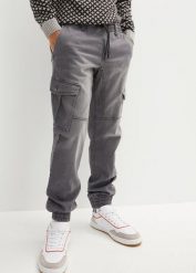 Joggery jeansowe o kroju regular fit z elastyczną gumką w talii, prosta nogawka. Szare jeansy męskie bonprix, bez wzorów, z bawełny, eleganckie. Za 169.99 zł.