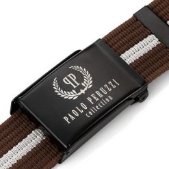 Pasek parciany brązowy z białym przeszyciem PAOLO PERUZZI PW-15-125 cm. Białe paski męskie Paolo Peruzzi, bez wzorów, z materiału. Za 33.25 zł.
